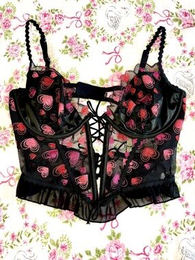 🩷🍋FOR LOVE AND LEMONS Love Potion Bustier Lace Up Heart Embroidered Corset Sz M